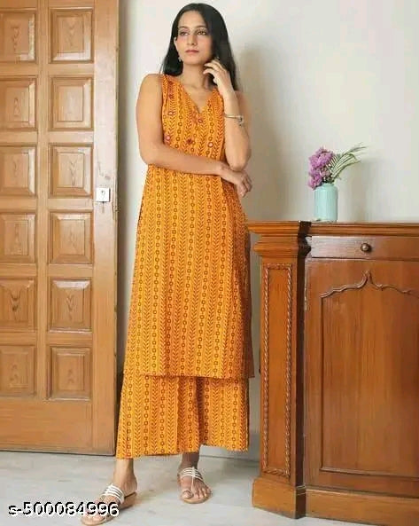 Women Rayon Printed Sleevless Mirror Work Kurta Plazzos Set