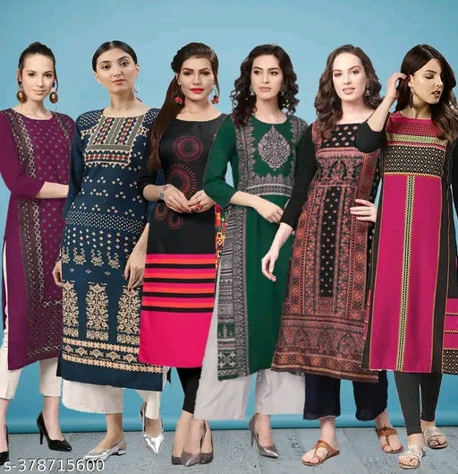 Women's Crepe Printed Straight Kurti wear like Festive wear, Office Wear, wedding Wear,Casual Wear, Party Wear, Daily Wear, Winter wear, Summer wear, monsoon wear Kurti combo Kurti of 6 kurta and kurti set