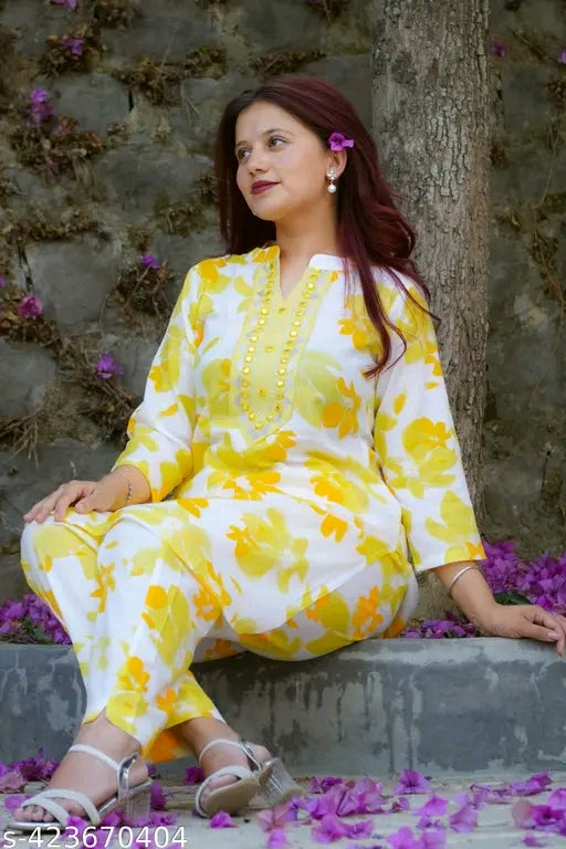 women cotton embroidery printed kurta pant set (cord set)