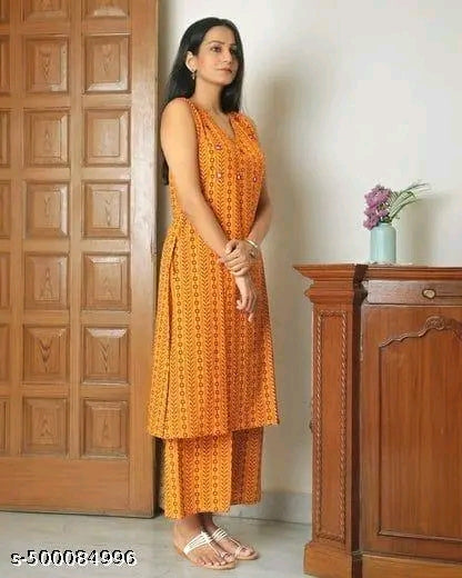 Women Rayon Printed Sleevless Mirror Work Kurta Plazzos Set