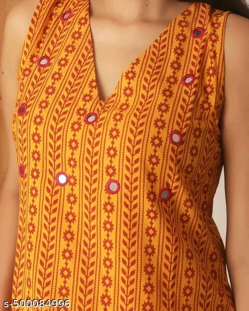 Women Rayon Printed Sleevless Mirror Work Kurta Plazzos Set