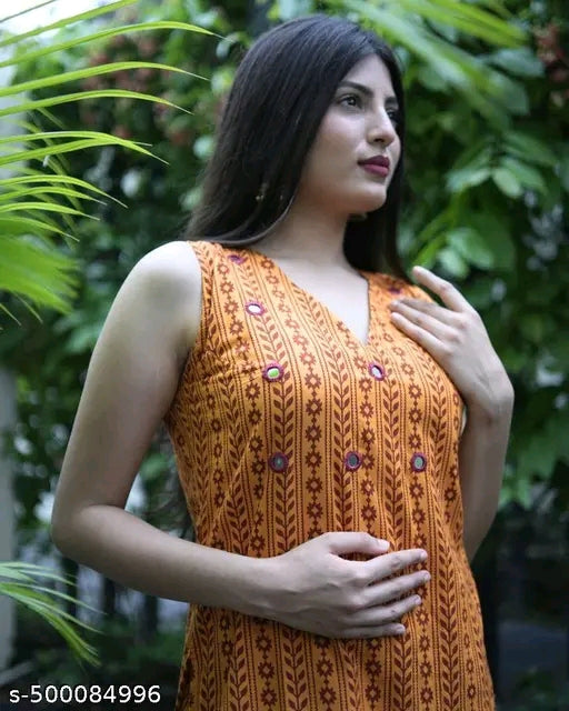 Women Rayon Printed Sleevless Mirror Work Kurta Plazzos Set