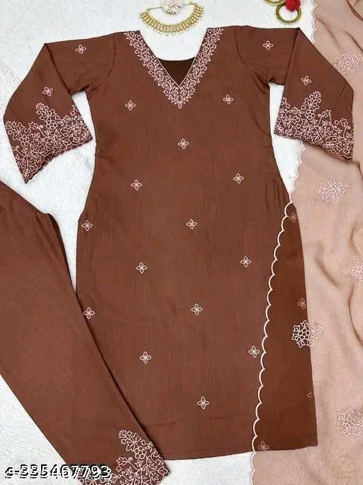 Indian Designer Eid Exclusive Silk Embroidered Straight Kurti Pant with Dupatta Set