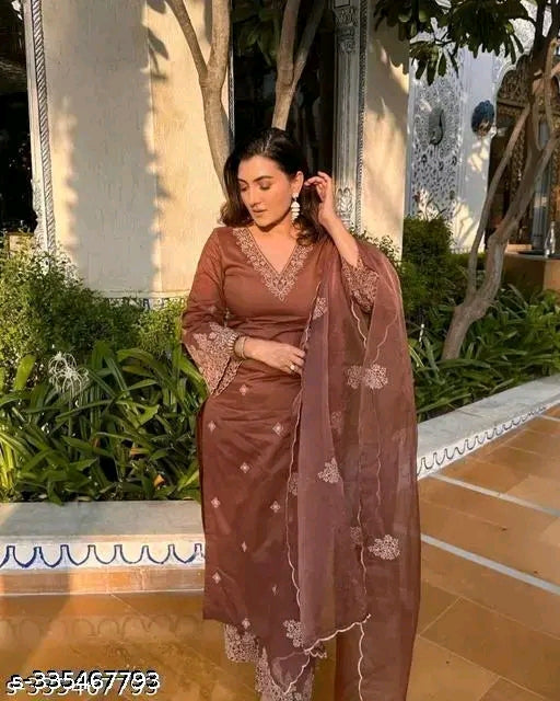 Indian Designer Eid Exclusive Silk Embroidered Straight Kurti Pant with Dupatta Set