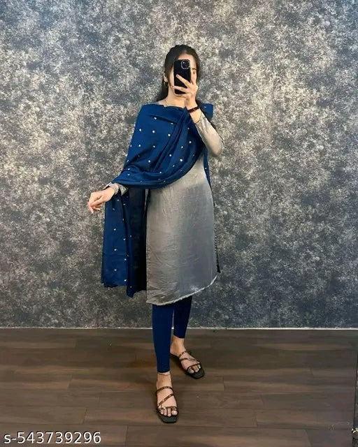 Women Fashion Solid Silk Kurta And Dupatta Set
