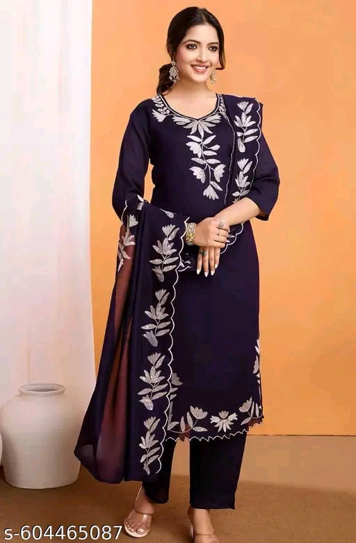 Navy Blue Embroidered Kurta with Pant and Dupatta for Women