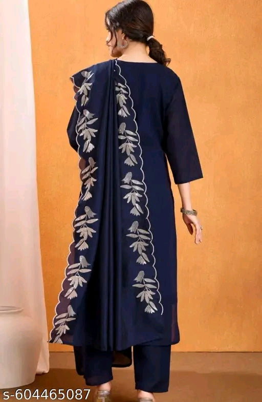 Navy Blue Embroidered Kurta with Pant and Dupatta for Women