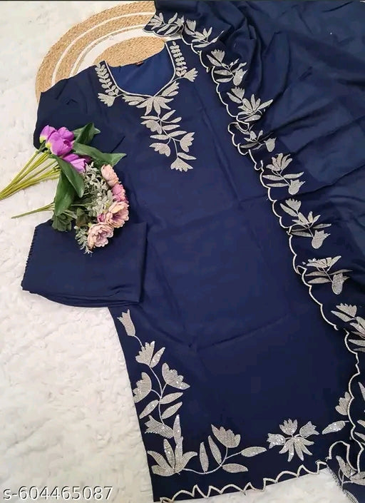 Navy Blue Embroidered Kurta with Pant and Dupatta for Women