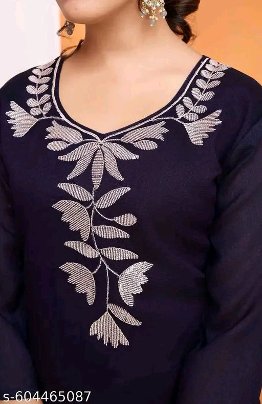 Navy Blue Embroidered Kurta with Pant and Dupatta for Women
