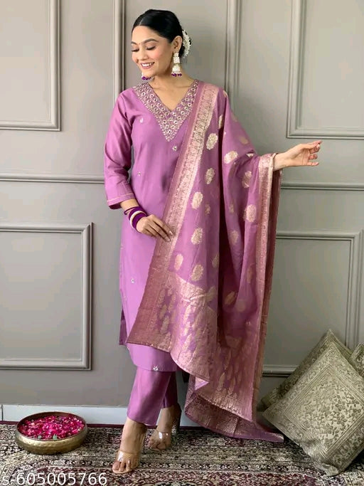 PRIYA Women Embroidered Straight Kurta with Pants & Dupatta
