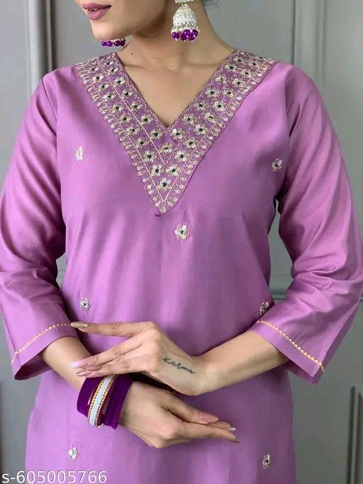 PRIYA Women Embroidered Straight Kurta with Pants & Dupatta