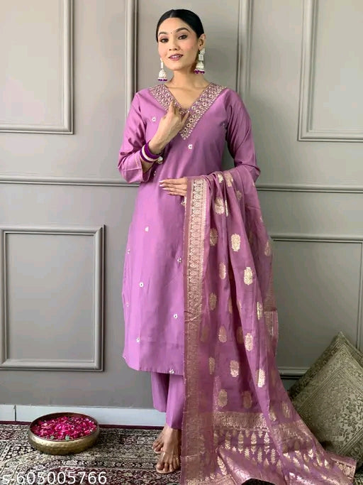 PRIYA Women Embroidered Straight Kurta with Pants & Dupatta