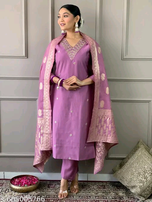 PRIYA Women Embroidered Straight Kurta with Pants & Dupatta