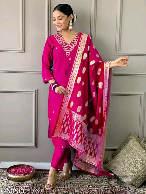PRIYA Women Embroidered Straight Kurta with Pants & Dupatta