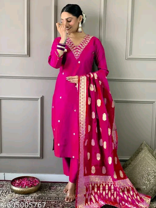 PRIYA Women Embroidered Straight Kurta with Pants & Dupatta