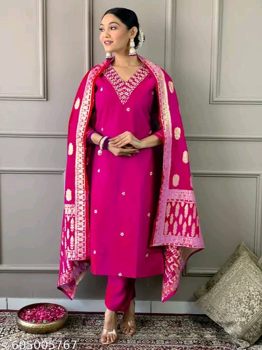 PRIYA Women Embroidered Straight Kurta with Pants & Dupatta