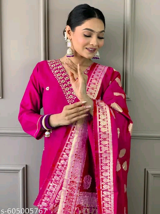 PRIYA Women Embroidered Straight Kurta with Pants & Dupatta