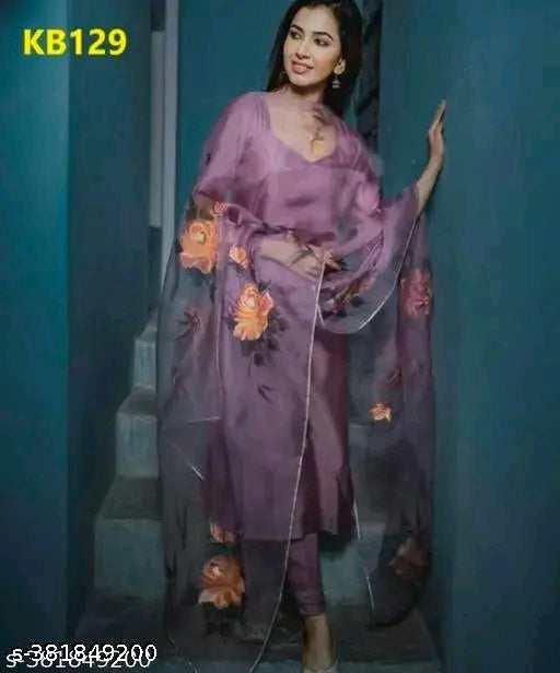 Trendy silk blend fabric kurti with bottom pant and heavy dupatta.