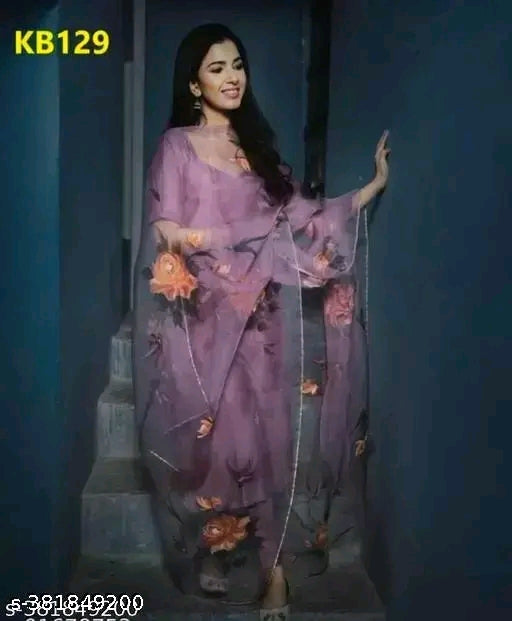 Trendy silk blend fabric kurti with bottom pant and heavy dupatta.