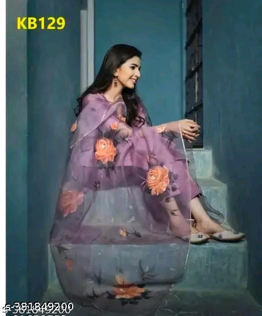 Trendy silk blend fabric kurti with bottom pant and heavy dupatta.