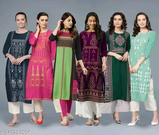 Spacial Women's Printed Crepe Straight Kurti (Combo Pack 6 Kurta )