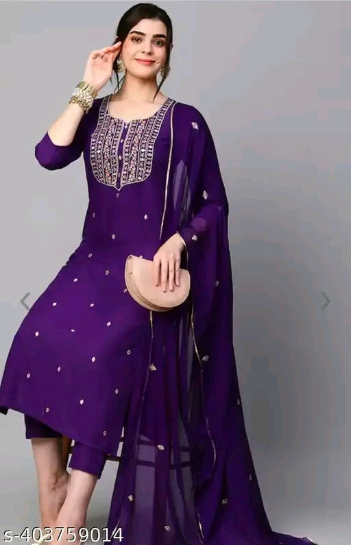 Kala Women's Violet Cotton Blend Embroidered Straight Kurta With Trouser & Dupatta