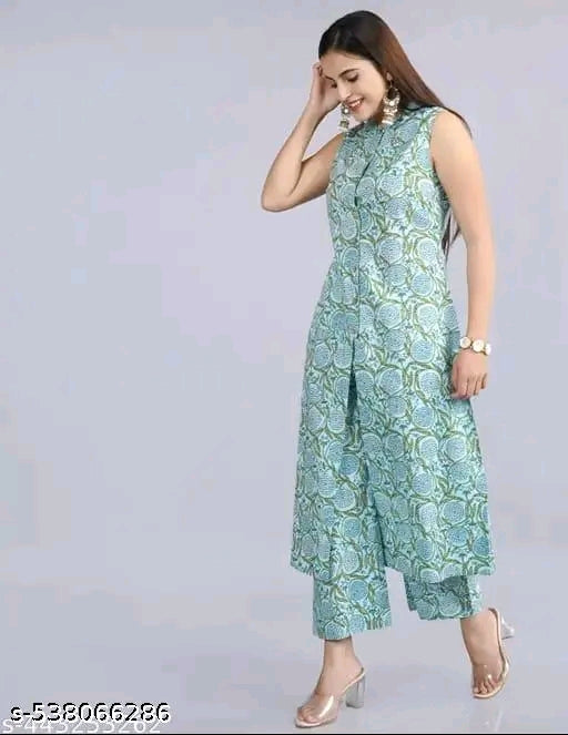 Women Rayon Printed sleeveles Kurta With Palazzos Set