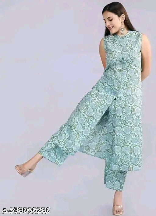 Women Rayon Printed sleeveles Kurta With Palazzos Set