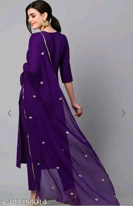 Kala Women's Violet Cotton Blend Embroidered Straight Kurta With Trouser & Dupatta