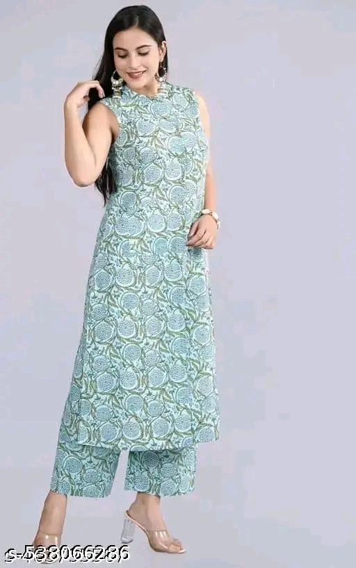 Women Rayon Printed sleeveles Kurta With Palazzos Set