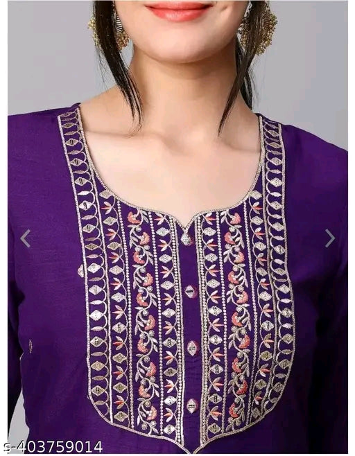 Kala Women's Violet Cotton Blend Embroidered Straight Kurta With Trouser & Dupatta