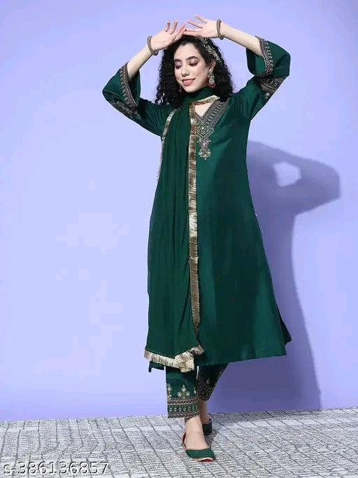 NEW EMBROIDERY A-LINE KURTI WITH DUPATTA AND BOTTOM WARE