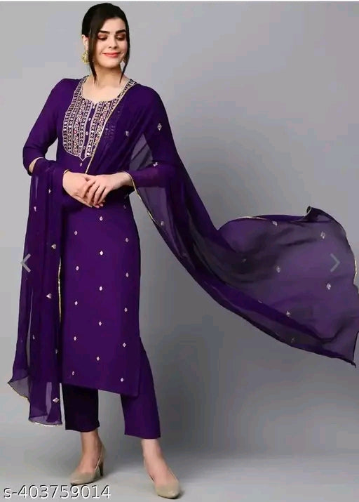 Kala Women's Violet Cotton Blend Embroidered Straight Kurta With Trouser & Dupatta
