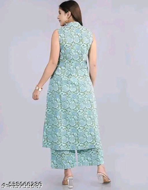 Women Rayon Printed sleeveles Kurta With Palazzos Set