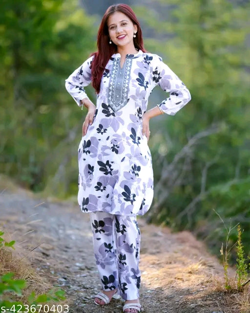 women cotton embroidery printed kurta pant set (cord set)