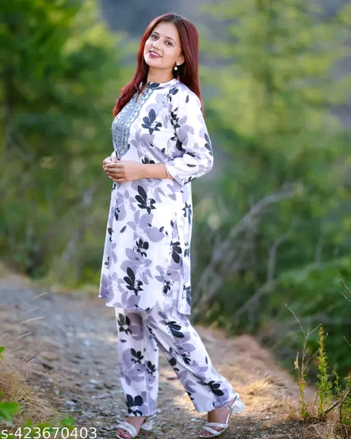 women cotton embroidery printed kurta pant set (cord set)