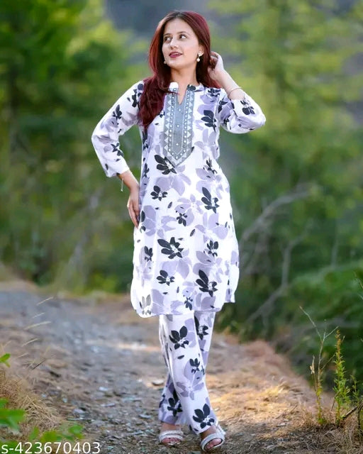 women cotton embroidery printed kurta pant set (cord set)