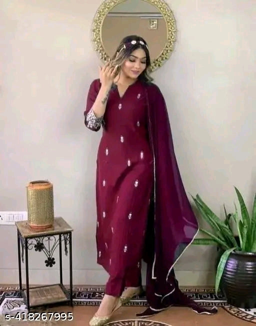 Women's"" "" Festive"" ""Special Wedding & Casual Wear"" ""Embroidered"" ""Kurta With Pant & Dupatta"" Kurta Fabric: Rayon