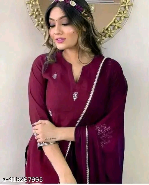 Women's"" "" Festive"" ""Special Wedding & Casual Wear"" ""Embroidered"" ""Kurta With Pant & Dupatta"" Kurta Fabric: Rayon