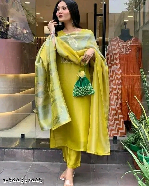 Designer Yellow Jacquard Kurti with Heavy Silk Dupatta and Cotton Pant Ethnic Wear Set Full Work Ideal for Festive and Daily Wear