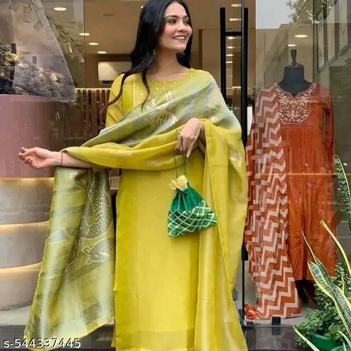 Designer Yellow Jacquard Kurti with Heavy Silk Dupatta and Cotton Pant Ethnic Wear Set Full Work Ideal for Festive and Daily Wear
