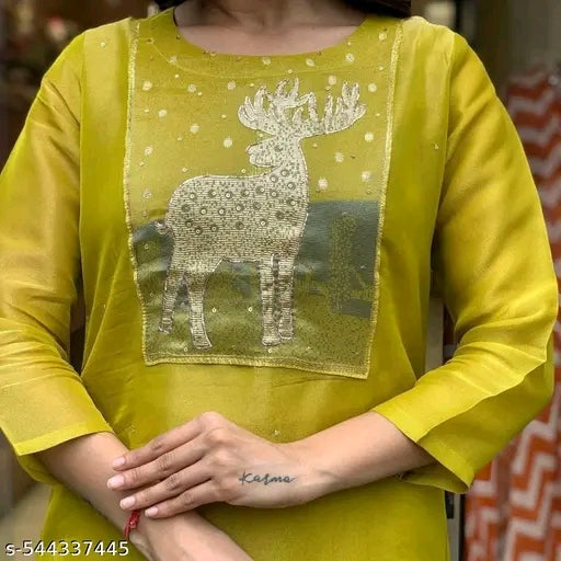 Designer Yellow Jacquard Kurti with Heavy Silk Dupatta and Cotton Pant Ethnic Wear Set Full Work Ideal for Festive and Daily Wear