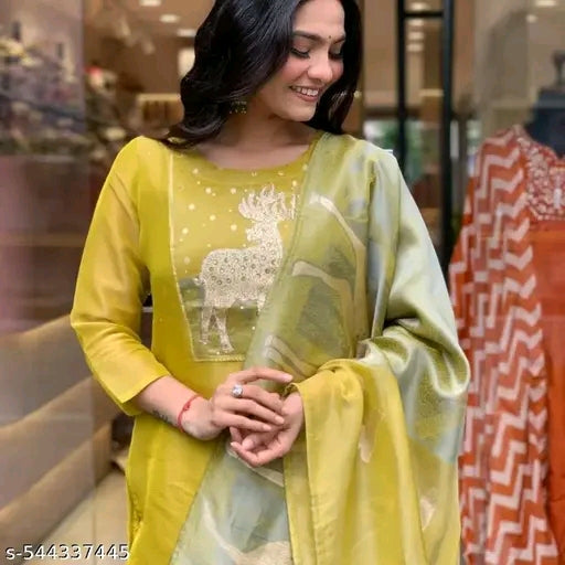 Designer Yellow Jacquard Kurti with Heavy Silk Dupatta and Cotton Pant Ethnic Wear Set Full Work Ideal for Festive and Daily Wear
