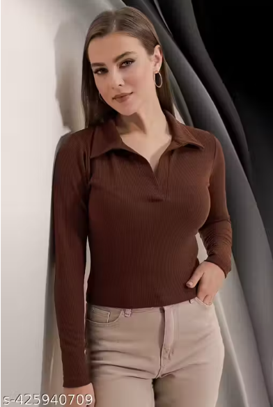 Casual Polyester Blend Ribbed Collar V-Neck & Regular Long Sleeves Stylish Dark Green Top (20"Inches)