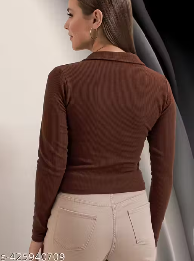 Casual Polyester Blend Ribbed Collar V-Neck & Regular Long Sleeves Stylish Dark Green Top (20"Inches)