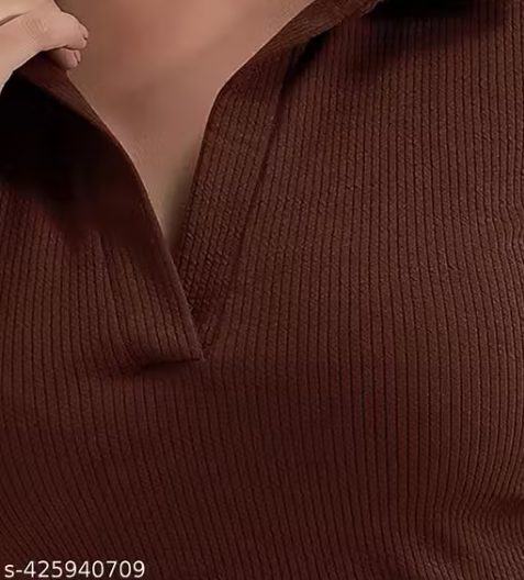 Casual Polyester Blend Ribbed Collar V-Neck & Regular Long Sleeves Stylish Dark Green Top (20"Inches)