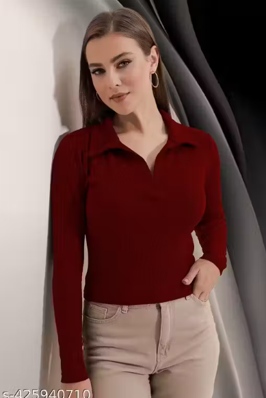 Casual Polyester Blend Ribbed Collar V-Neck & Regular Long Sleeves Stylish Dark Green Top (20"Inches)