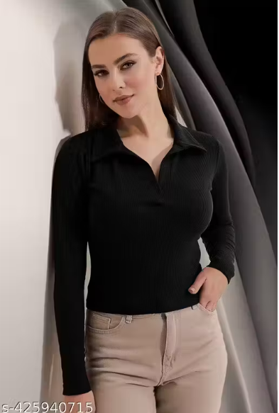 Casual Polyester Blend Ribbed Collar V-Neck & Regular Long Sleeves Stylish Dark Green Top (20"Inches)