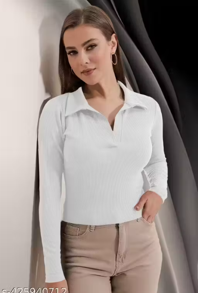 Casual Polyester Blend Ribbed Collar V-Neck & Regular Long Sleeves Stylish Dark Green Top (20"Inches)