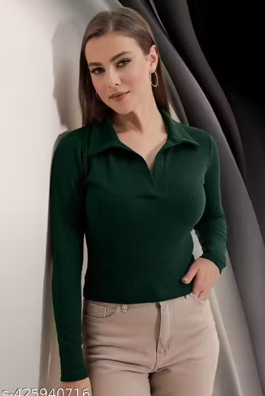 Casual Polyester Blend Ribbed Collar V-Neck & Regular Long Sleeves Stylish Dark Green Top (20"Inches)